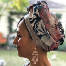 Load image into Gallery viewer, Triple Fabric , Taupe, Floral and Sequin Scarf - מטפחות - כיסוי ראש - Aviva Lush tichels, head scarves, volumizers