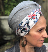 Load image into Gallery viewer, Twin Fabric, Gray and Red Floral Scarf - מטפחות - כיסוי ראש - Aviva Lush tichels, head scarves, volumizers