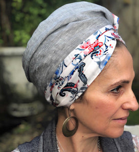 Twin Fabric, Gray and Red Floral Scarf - מטפחות - כיסוי ראש - Aviva Lush tichels, head scarves, volumizers