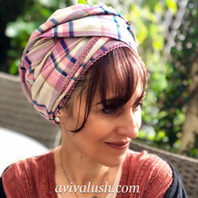 Load image into Gallery viewer, Pure Wool Pink, White and Blue Checked Scarf - מטפחות - כיסוי ראש - Aviva Lush tichels, head scarves, volumizers