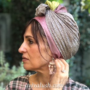 Triple Fabric Pink, Green, Taupe Scarf - מטפחות - כיסוי ראש - Aviva Lush tichels, head scarves, volumizers