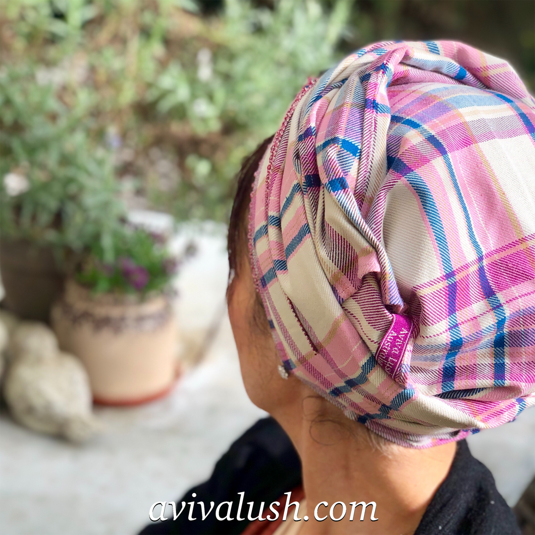 Pure Wool Pink, White and Blue Checked Scarf - מטפחות - כיסוי ראש - Aviva Lush tichels, head scarves, volumizers