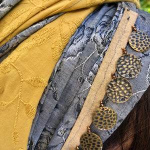 Embroidered Mustard and Dark Silver Scarf - מטפחות - כיסוי ראש - Aviva Lush tichels, head scarves, volumizers