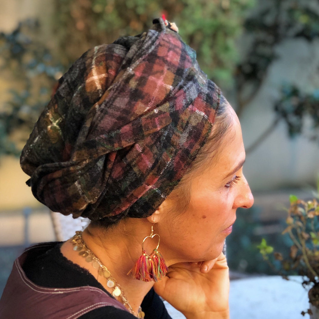 Pure Wool Multicoloured Checked Scarf - מטפחות - כיסוי ראש - Aviva Lush tichels, head scarves, volumizers