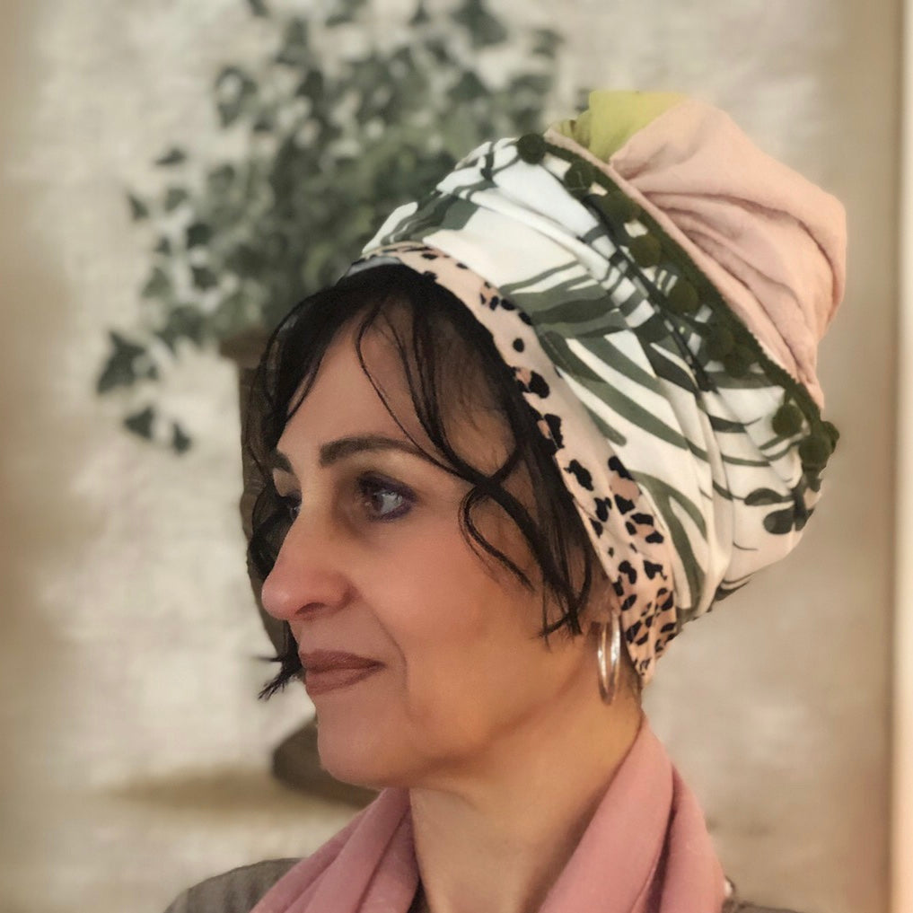 Four Fabric Pink And Green Scarf - מטפחות - כיסוי ראש - Aviva Lush tichels, head scarves, volumizers