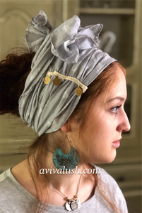 Soft Silver Half Scarf With Gold Coin Trim - מטפחות - כיסוי ראש - Aviva Lush tichels, head scarves, volumizers