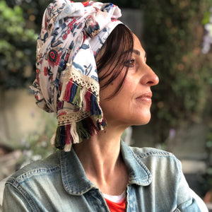 Red And Gray Floral Scarf on White - מטפחות - כיסוי ראש - Aviva Lush tichels, head scarves, volumizers