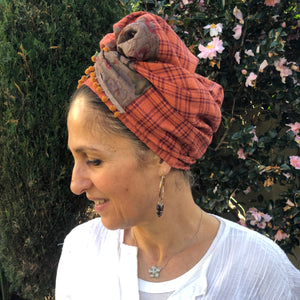 Twin Fabric Copper Checked And Floral Brown Scarf - מטפחות - כיסוי ראש - Aviva Lush tichels, head scarves, volumizers