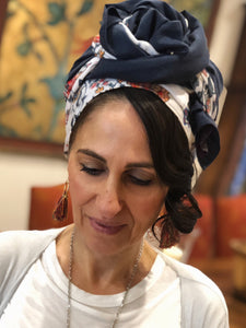 Twin Fabric Blue and Floral Scarf - מטפחות - כיסוי ראש - Aviva Lush tichels, head scarves, volumizers