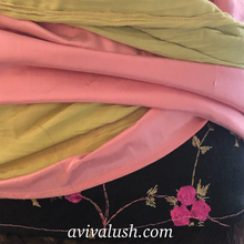 Load image into Gallery viewer, Triple Fabric Pink, Green, Black Embroidered Scarf - מטפחות - כיסוי ראש - Aviva Lush tichels, head scarves, volumizers