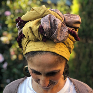 Embroidered Mustard and Lilac Flowers Scarf - מטפחות - כיסוי ראש - Aviva Lush tichels, head scarves, volumizers