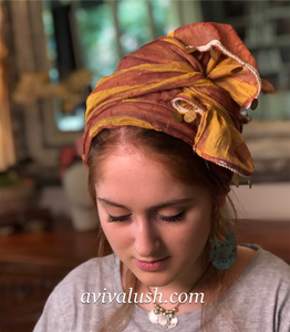 Pink And Gold Ruched Half Scarf With Gold Coin Trim - מטפחות - כיסוי ראש - Aviva Lush tichels, head scarves, volumizers