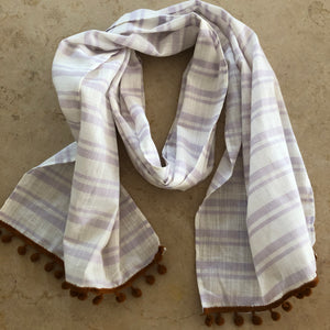 Lavender Striped Scarf with Brick Red Trim - מטפחות - כיסוי ראש - Aviva Lush tichels, head scarves, volumizers