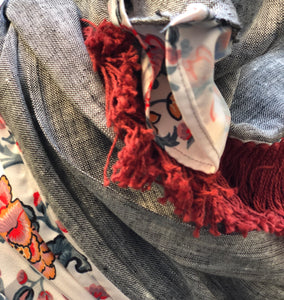 Twin Fabric, Gray and Red Floral Scarf - מטפחות - כיסוי ראש - Aviva Lush tichels, head scarves, volumizers