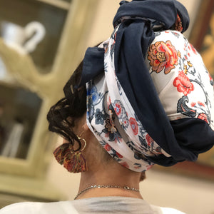 Twin Fabric Blue and Floral Scarf - מטפחות - כיסוי ראש - Aviva Lush tichels, head scarves, volumizers