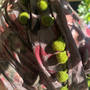 Dark Taupe Floral Scarf With Green Pom Pom Trim - מטפחות - כיסוי ראש - Aviva Lush tichels, head scarves, volumizers
