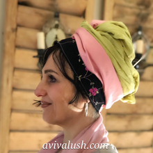 Load image into Gallery viewer, Triple Fabric Pink, Green, Black Embroidered Scarf - מטפחות - כיסוי ראש - Aviva Lush tichels, head scarves, volumizers