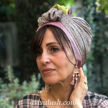 Load image into Gallery viewer, Triple Fabric Pink, Green, Taupe Scarf - מטפחות - כיסוי ראש - Aviva Lush tichels, head scarves, volumizers