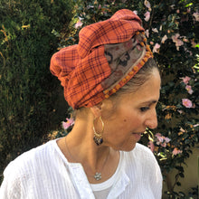 Load image into Gallery viewer, Twin Fabric Copper Checked And Floral Brown Scarf - מטפחות - כיסוי ראש - Aviva Lush tichels, head scarves, volumizers