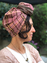 Load image into Gallery viewer, Twin Fabric Pink Checked/Brown Floral Scarf - מטפחות - כיסוי ראש - Aviva Lush tichels, head scarves, volumizers