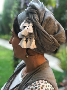 Gray Linen Scarf with White Tassels - מטפחות - כיסוי ראש - Aviva Lush tichels, head scarves, volumizers