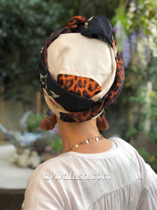 Triple Fabric Blue Floral, Orange Leopard Print and Cream Scarf - מטפחות - כיסוי ראש - Aviva Lush tichels, head scarves, volumizers