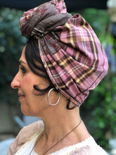 Load image into Gallery viewer, Twin Fabric Pink Checked/Brown Floral Scarf - מטפחות - כיסוי ראש - Aviva Lush tichels, head scarves, volumizers