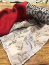 Load image into Gallery viewer, Variation of Triple Fabric Red, Leopard Print, Taupe Scarf