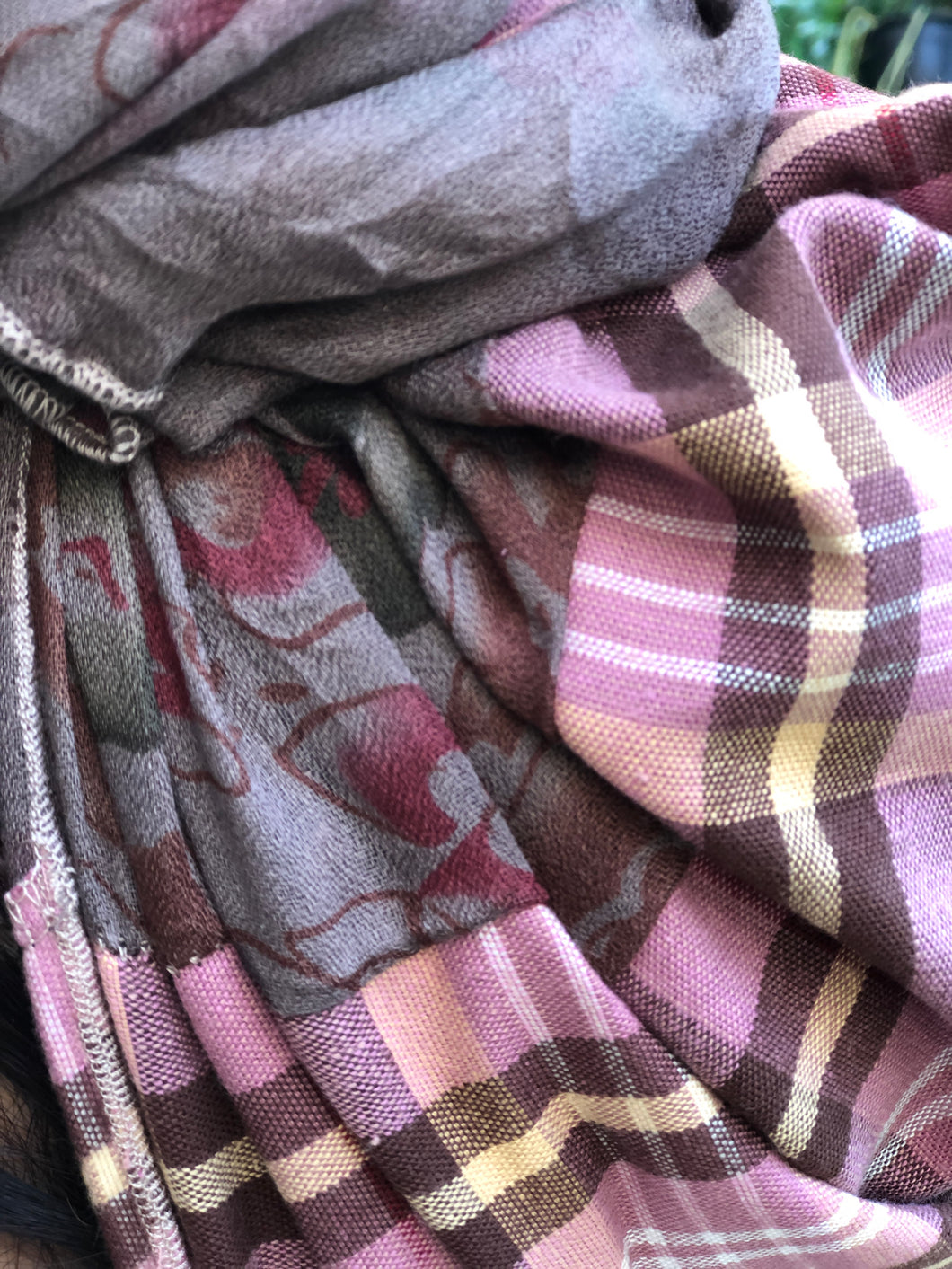 Twin Fabric Pink Checked/Brown Floral Scarf - מטפחות - כיסוי ראש - Aviva Lush tichels, head scarves, volumizers