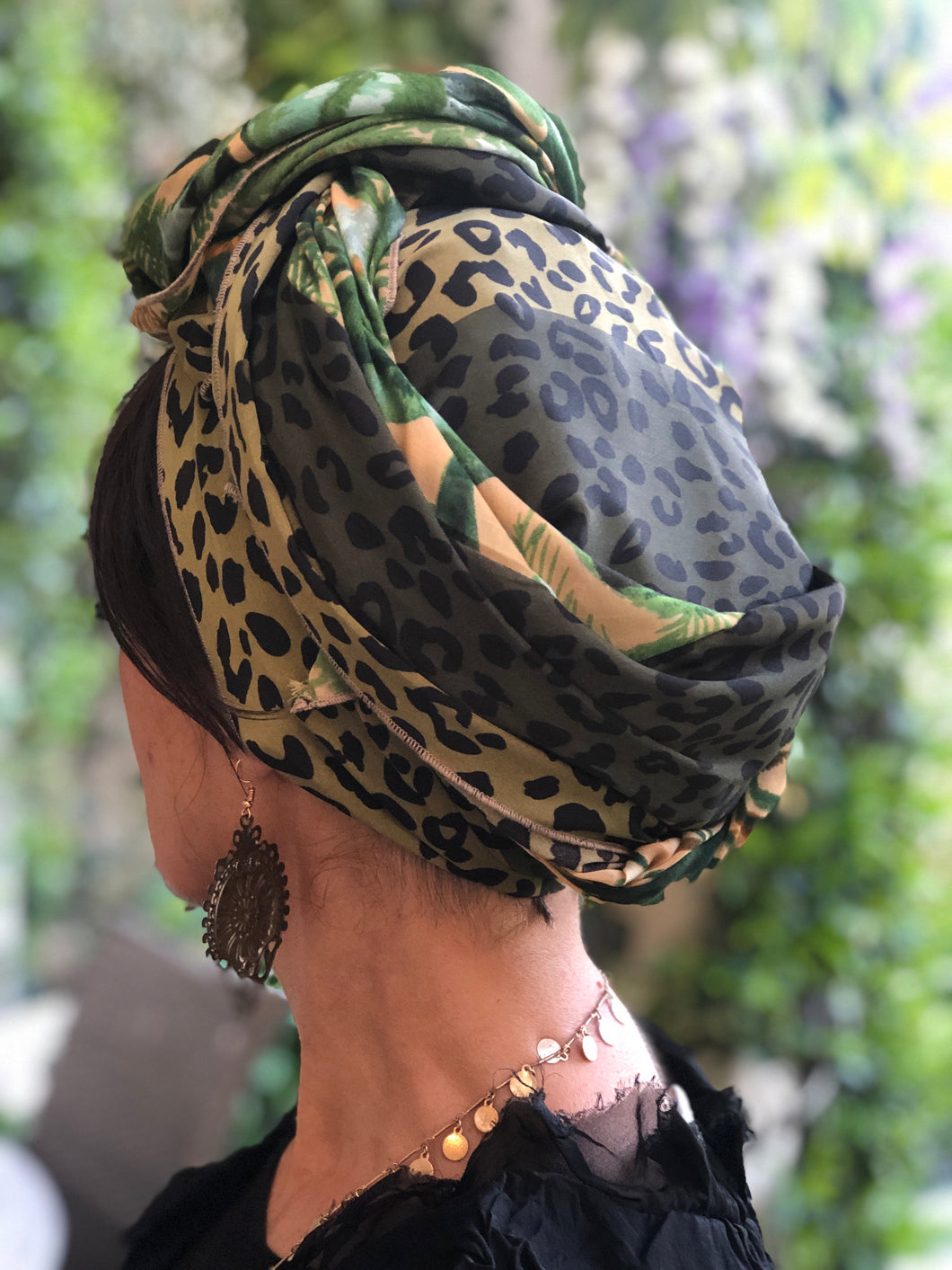 Twin Fabric Green Leopard and Leaf Print Scarf - מטפחות - כיסוי ראש - Aviva Lush tichels, head scarves, volumizers